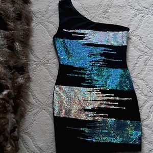 Black one shoulder with turquoise and silver sequin front.